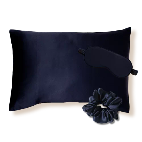 coffret cadeau taie d&#039;oreiller masque nuit soie bleu nuit