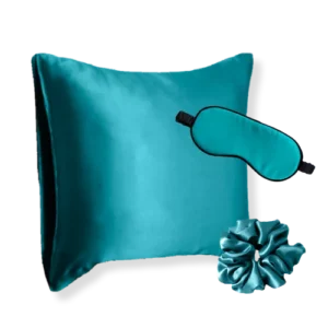 coffret taie d&#039;oreiller masque nuit soie bleu canard