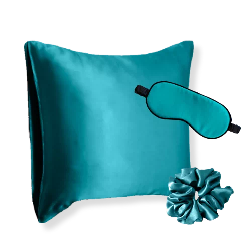 coffret taie d'oreiller masque nuit soie bleu canard