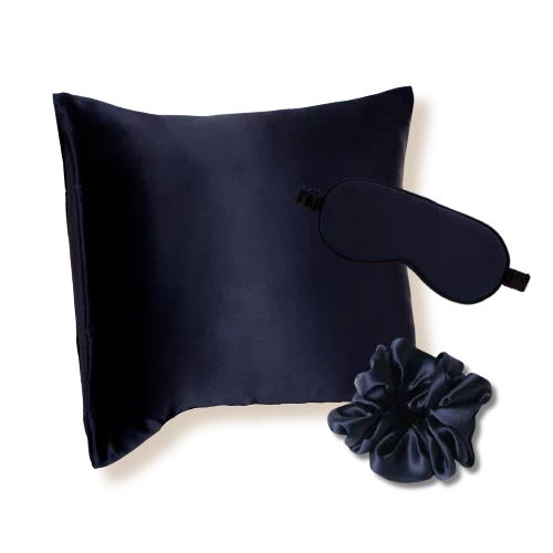 coffret taie d'oreiller masque nuit soie bleu nuit